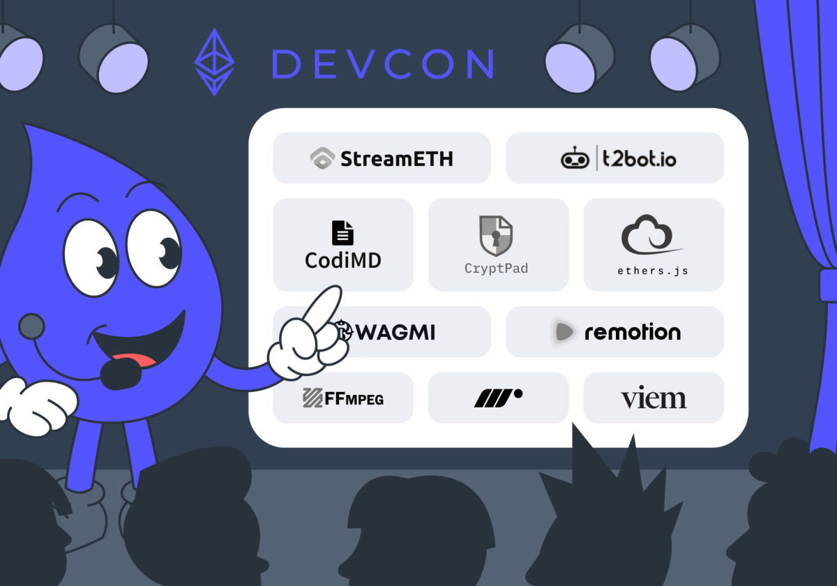 Drippy on stage at Devcon presenting supported dependencies.