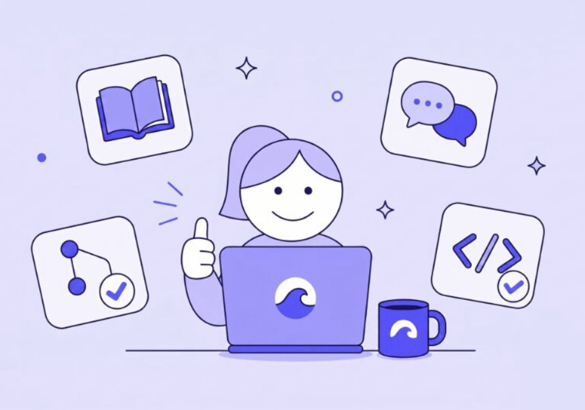 Abstract Illustration of a developer at a laptop, surrounded by Wave-related imagery