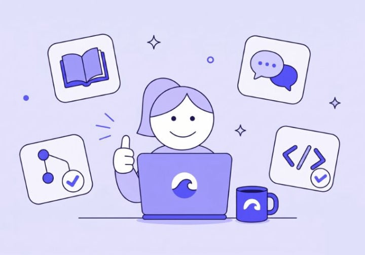 Abstract Illustration of a developer at a laptop, surrounded by Wave-related imagery