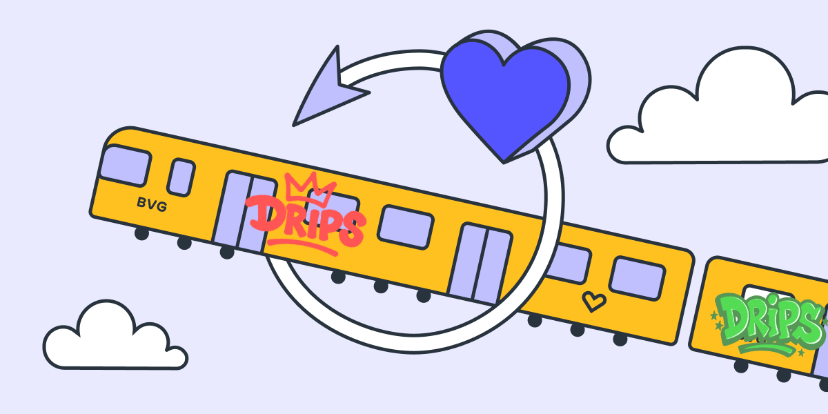 A Berlin metro train with Drips graffiti flies upwards through a circular arrow crowned with a heart.