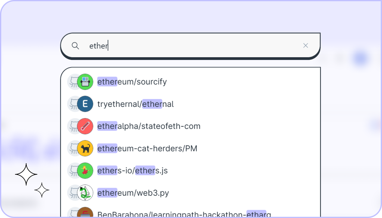 New Drips search engine in action, searching for the word 'Ether'. Several results including this word are visible.