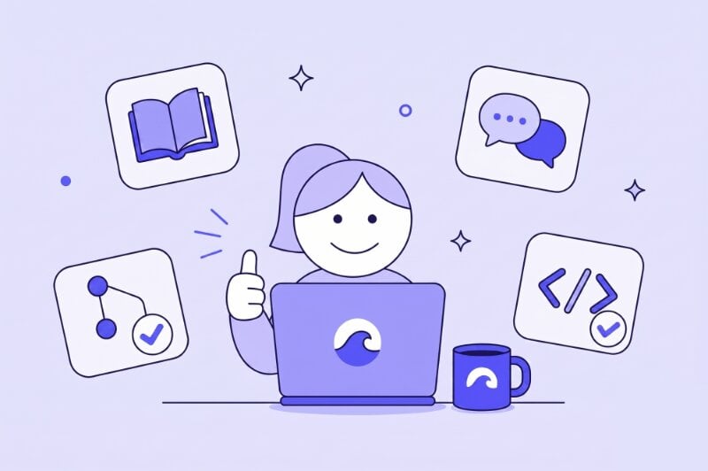 Abstract Illustration of a developer at a laptop, surrounded by Wave-related imagery