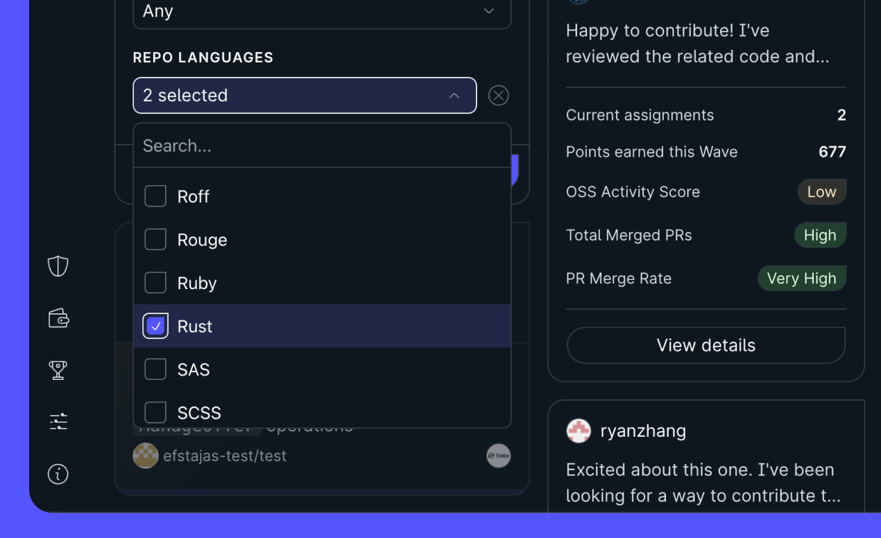 Screenshot of the new language filter on the issues page