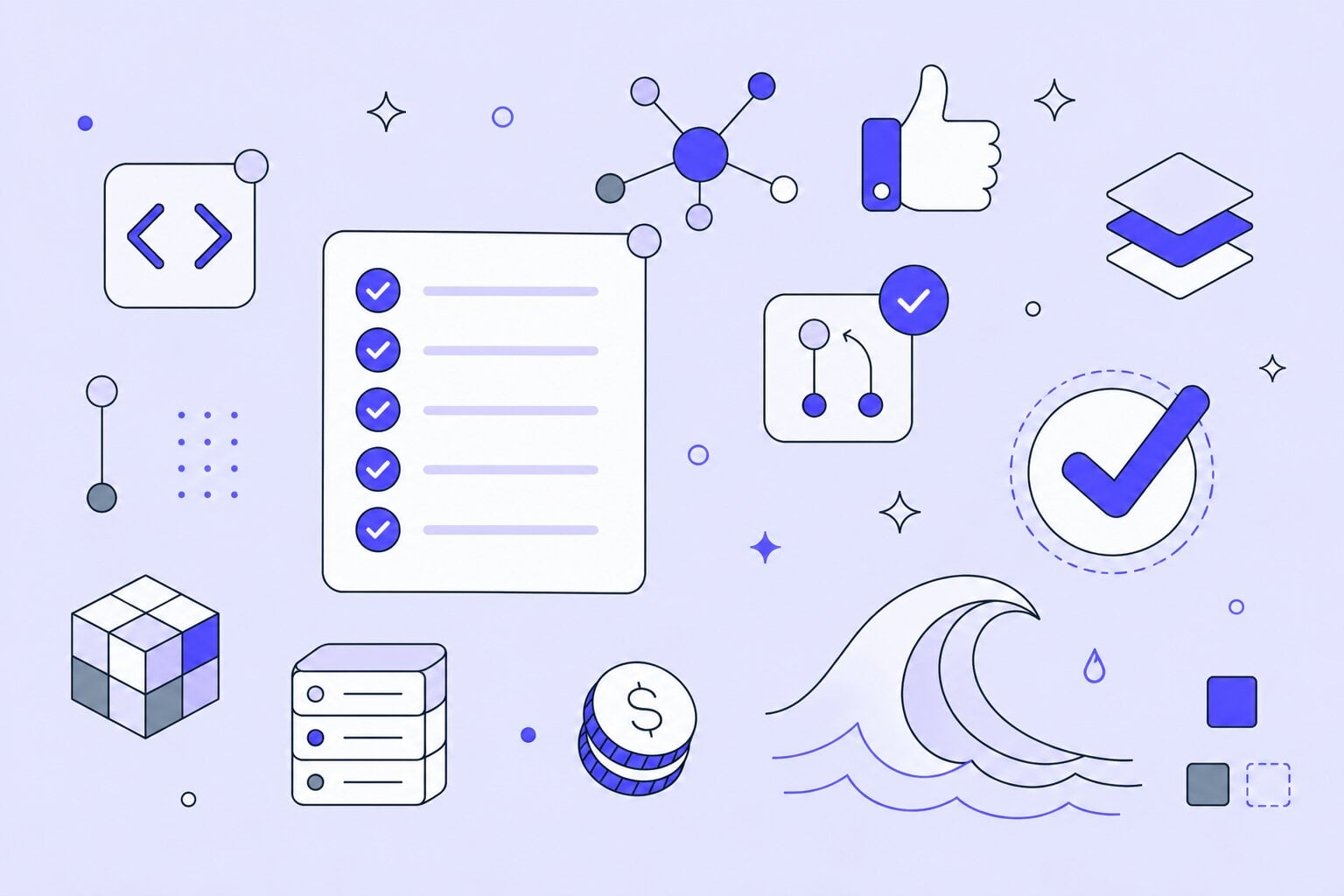 Abstract image of tick lists, waves and nodes